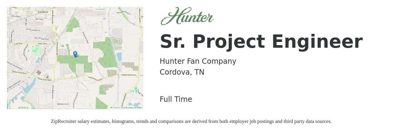 Hunter Fan Company job posting for a Sr. Project Engineer in Cordova, TN with a salary of $85,600 to $111,500 Yearly with a map of Cordova location.