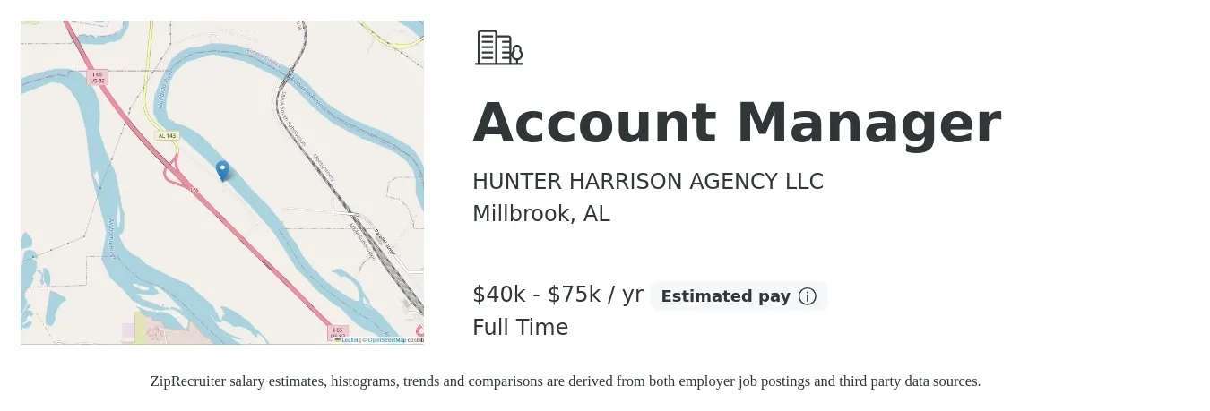 HUNTER HARRISON AGENCY LLC job posting for a Account Manager in Millbrook, AL with a salary of $40,000 to $75,000 Yearly with a map of Millbrook location.