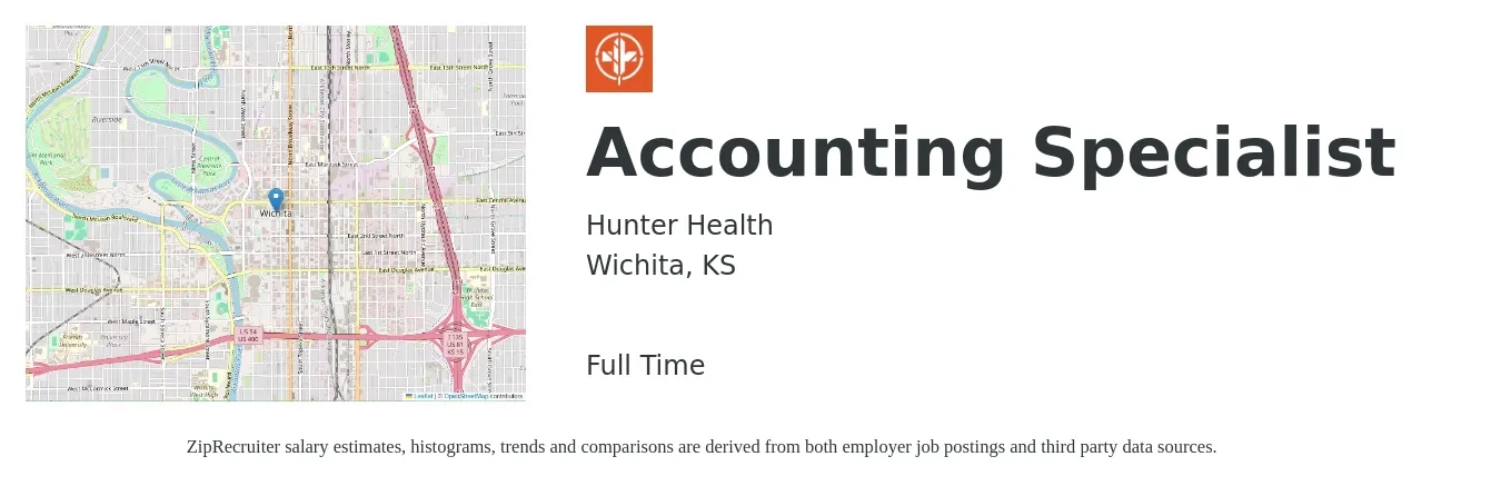 Hunter Health job posting for a Accounting Specialist in Wichita, KS with a salary of $19 to $26 Hourly with a map of Wichita location.