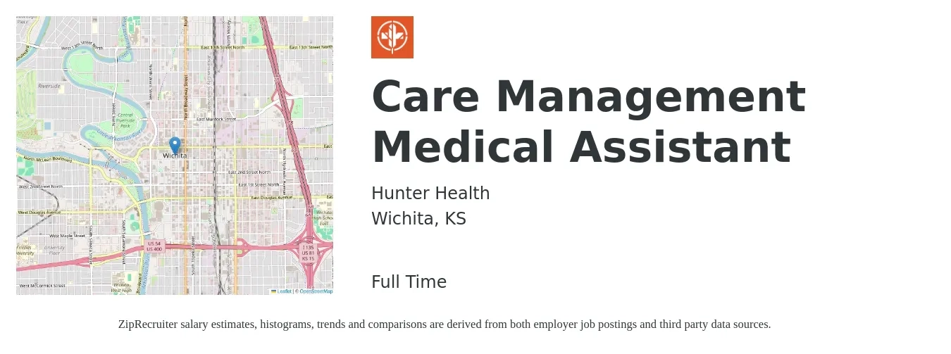 Hunter Health job posting for a Care Management Medical Assistant in Wichita, KS with a salary of $16 to $20 Hourly with a map of Wichita location.