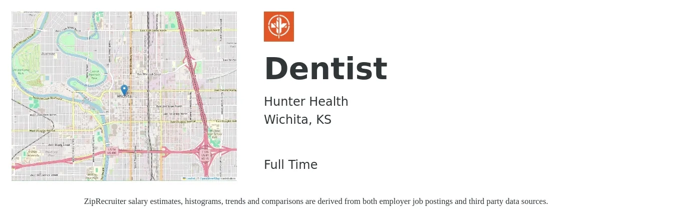 Hunter Health job posting for a Dentist in Wichita, KS with a salary of $117,200 to $211,100 Yearly with a map of Wichita location.