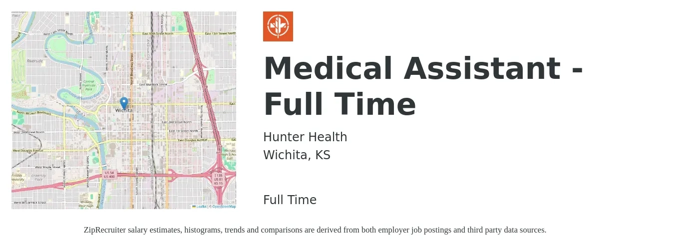 Hunter Health job posting for a Medical Assistant - Full Time in Wichita, KS with a salary of $16 to $20 Hourly with a map of Wichita location.