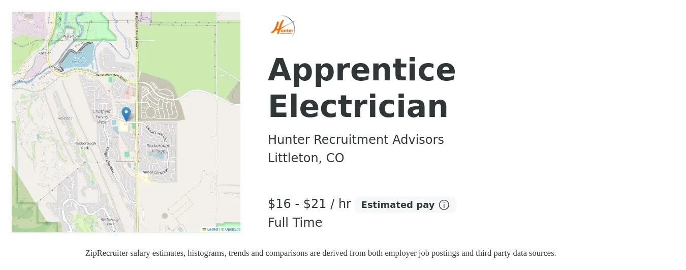 Hunter Recruitment Advisors job posting for a Apprentice Electrician in Littleton, CO with a salary of $17 to $22 Hourly with a map of Littleton location.