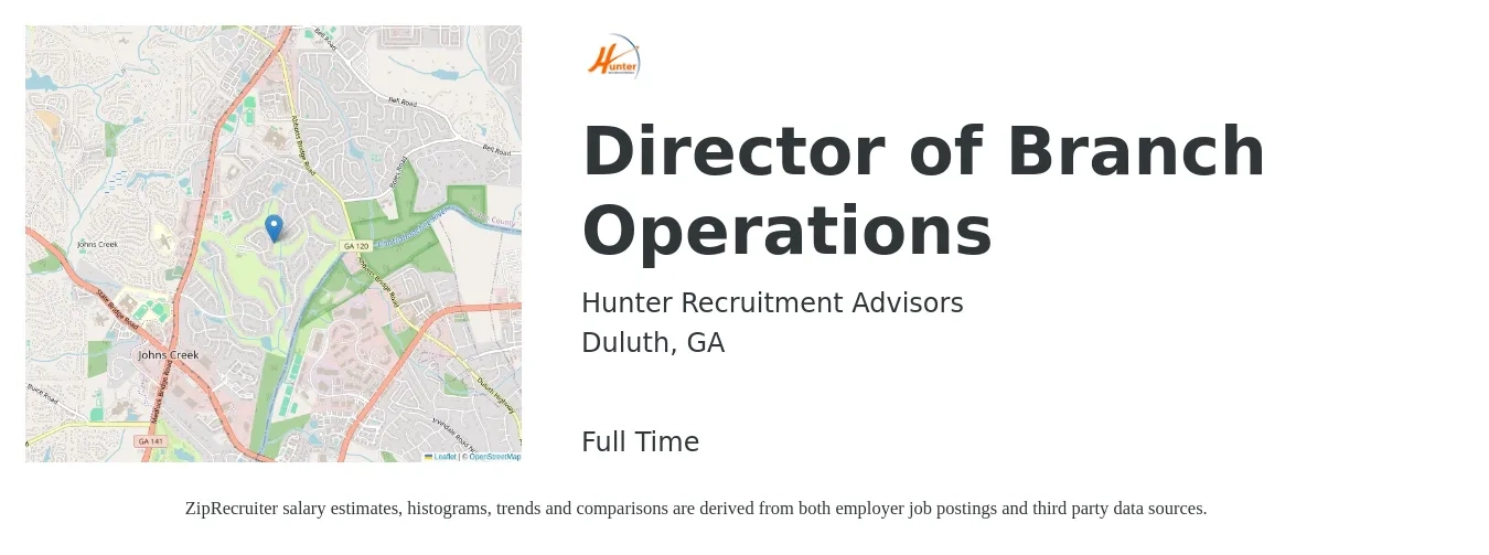 Hunter Recruitment Advisors job posting for a Director of Branch Operations in Duluth, GA with a salary of $69,500 to $124,700 Yearly with a map of Duluth location.