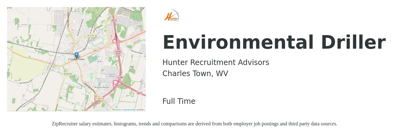 Hunter Recruitment Advisors job posting for a Environmental Driller in Charles Town, WV with a salary of $65,000 to $90,000 Yearly with a map of Charles Town location.