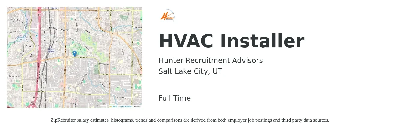 Hunter Recruitment Advisors job posting for a HVAC Installer in Salt Lake City, UT with a salary of $20 to $30 Hourly with a map of Salt Lake City location.