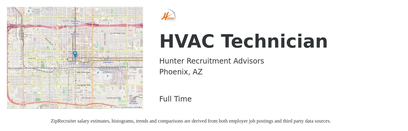 Hunter Recruitment Advisors job posting for a HVAC Technician in Phoenix, AZ with a salary of $160,000 Yearly with a map of Phoenix location.