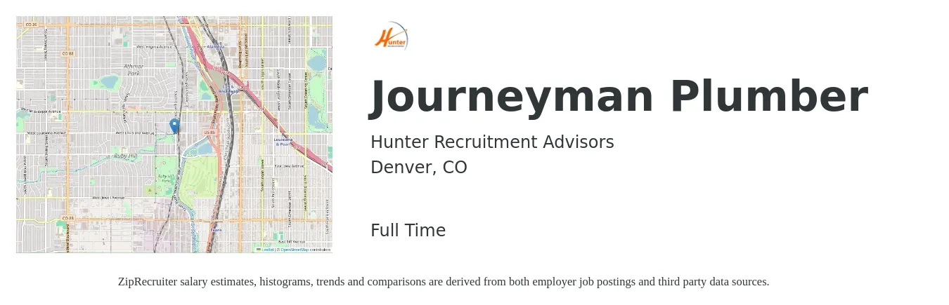 Hunter Recruitment Advisors job posting for a Journeyman Plumber in Denver, CO with a salary of $30 to $41 Hourly with a map of Denver location.