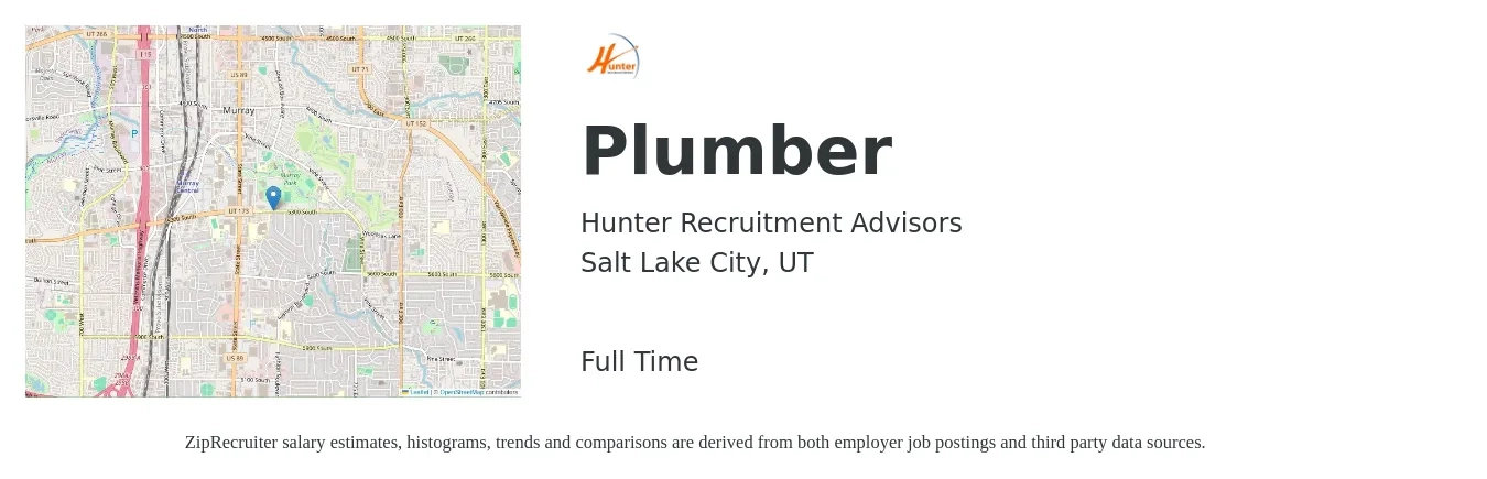 Hunter Recruitment Advisors job posting for a Plumber in Salt Lake City, UT with a salary of $24 to $35 Hourly with a map of Salt Lake City location.