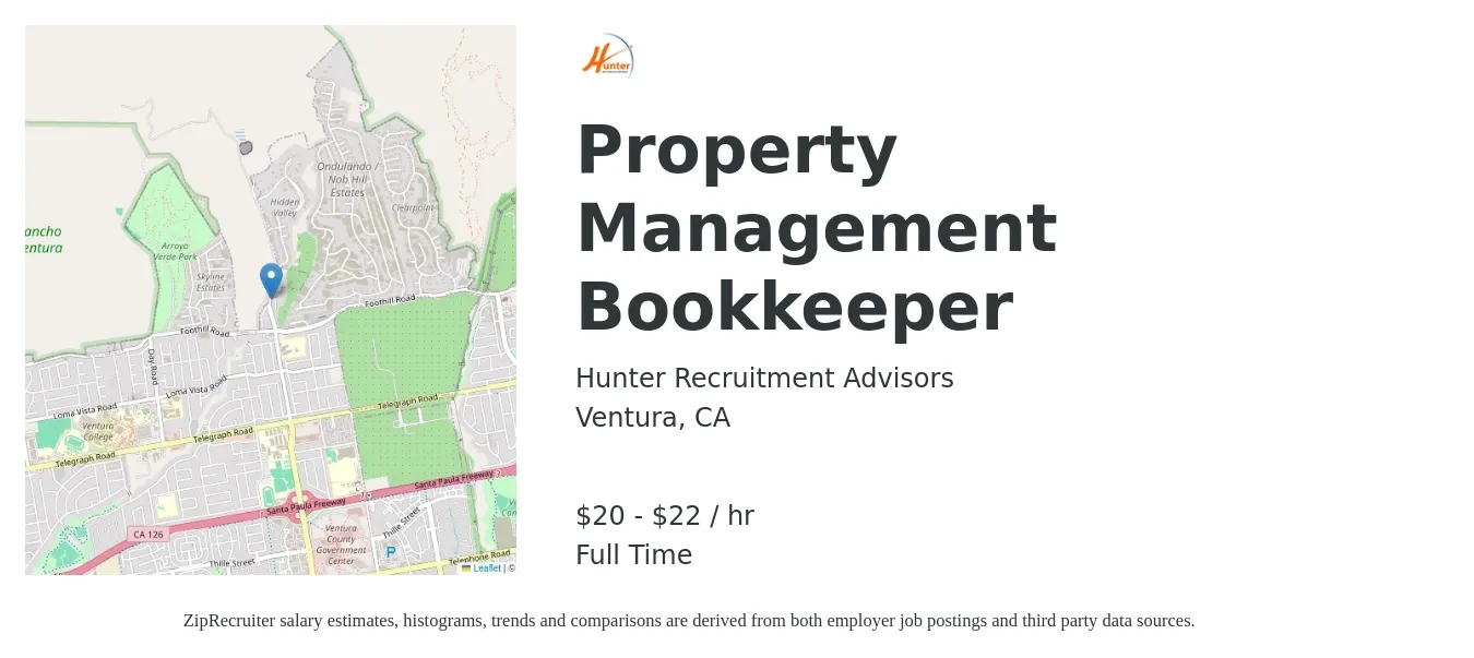 Hunter Recruitment Advisors job posting for a Property Management Bookkeeper in Ventura, CA with a salary of $87,500 to $100,000 Yearly with a map of Ventura location.