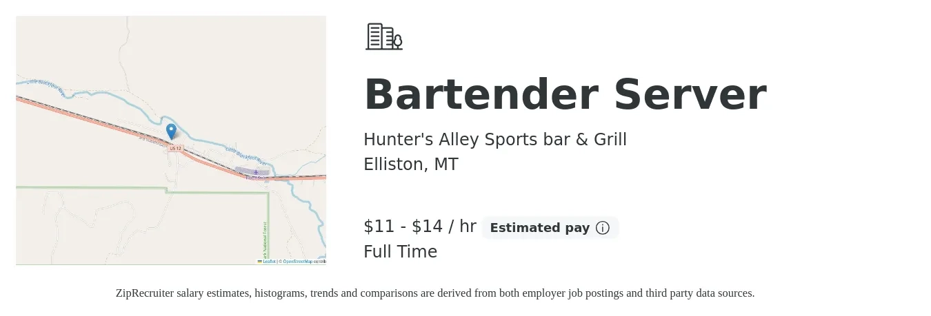 Hunter's Alley Sports bar & Grill job posting for a Bartender Server in Elliston, MT with a salary of $12 to $15 Hourly (plus commission) with a map of Elliston location.