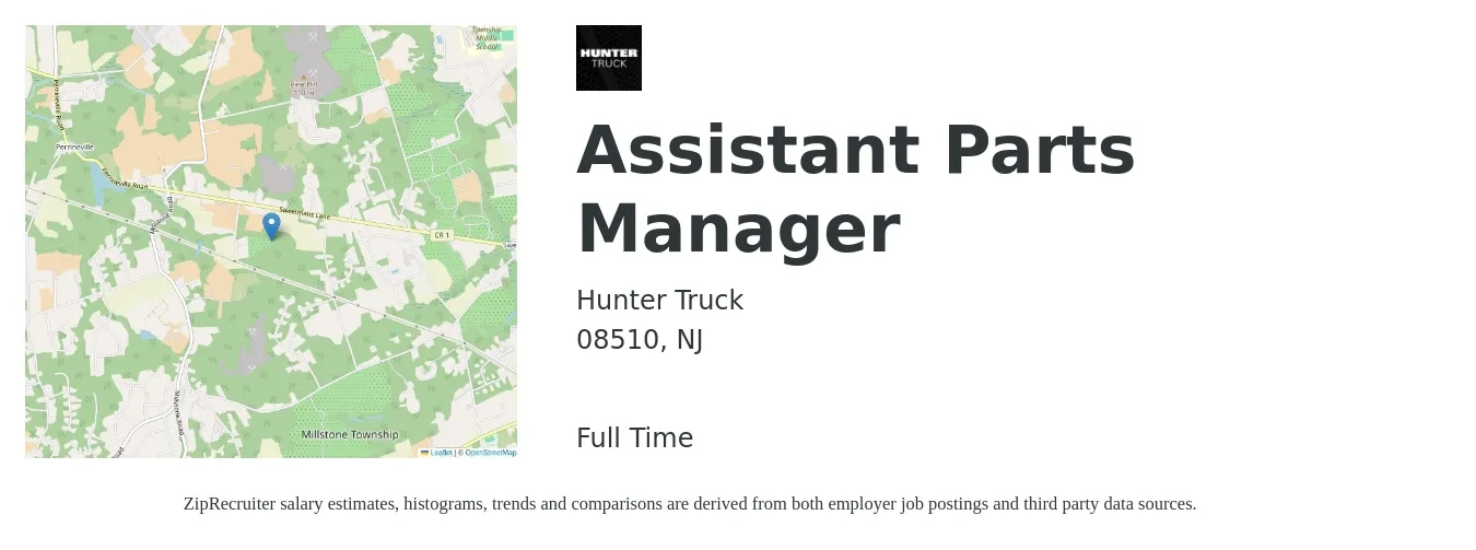 Hunter Truck job posting for a Assistant Parts Manager in 08510, NJ with a salary of $50,800 to $73,200 Yearly with a map of 08510 location.