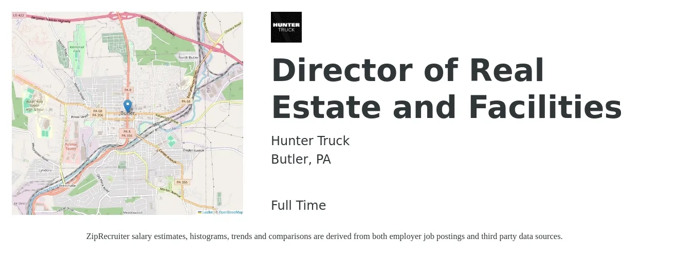Hunter Truck job posting for a Director of Real Estate and Facilities in Butler, PA with a salary of $83,500 to $183,400 Yearly with a map of Butler location.