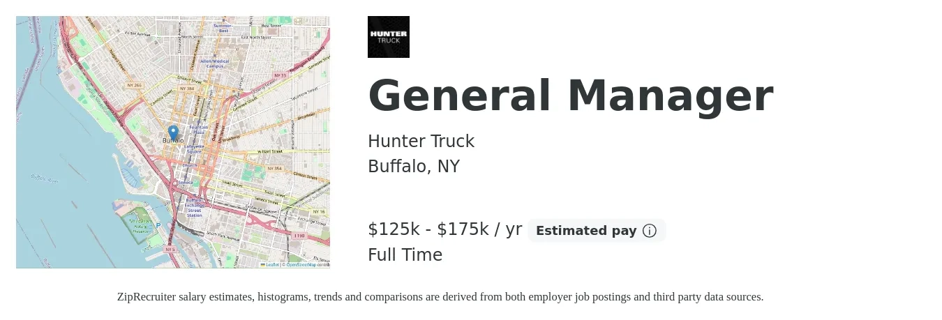 Hunter Truck job posting for a General Manager in Buffalo, NY with a salary of $125,000 to $175,000 Yearly with a map of Buffalo location.