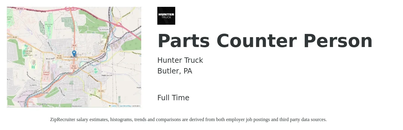 Hunter Truck job posting for a Parts Counter Person in Butler, PA with a salary of $16 to $22 Hourly with a map of Butler location.