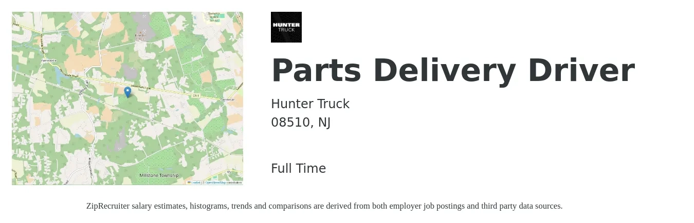 Hunter Truck job posting for a Parts Delivery Driver in 08510, NJ with a salary of $25,400 to $30,500 Yearly with a map of 08510 location.