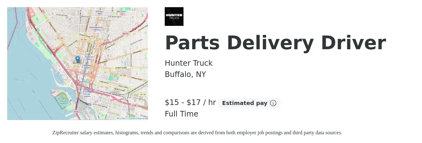 Hunter Truck job posting for a Parts Delivery Driver in Buffalo, NY with a salary of $16 to $18 Hourly with a map of Buffalo location.