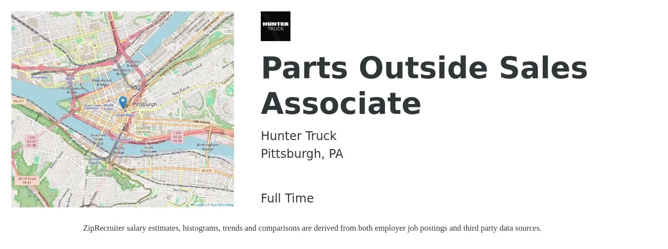 Hunter Truck job posting for a Parts Outside Sales Associate in Pittsburgh, PA with a salary of $58,200 to $75,200 Yearly with a map of Pittsburgh location.