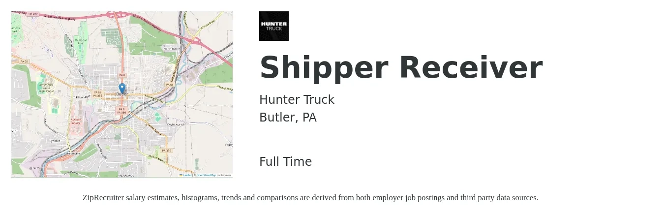 Hunter Truck job posting for a Shipper Receiver in Butler, PA with a salary of $16 to $20 Hourly with a map of Butler location.