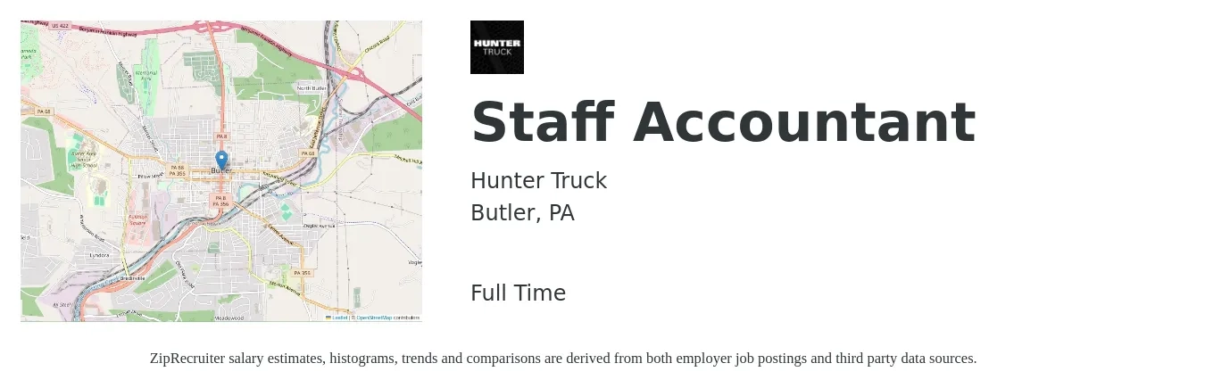 Hunter Truck job posting for a Staff Accountant in Butler, PA with a salary of $49,900 to $65,800 Yearly with a map of Butler location.