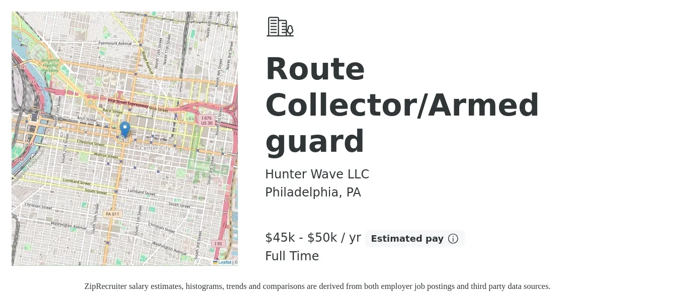 Hunter Wave LLC job posting for a Route Collector/Armed guard in Philadelphia, PA with a salary of $45,000 to $50,000 Yearly with a map of Philadelphia location.