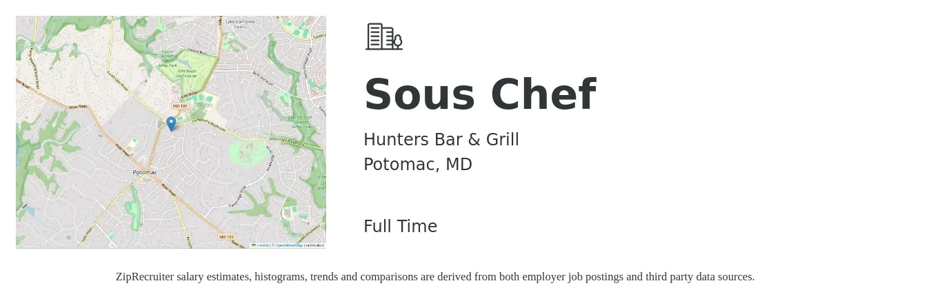 Hunters Bar & Grill job posting for a Sous Chef in Potomac, MD with a salary of $51,700 to $69,800 Yearly with a map of Potomac location.