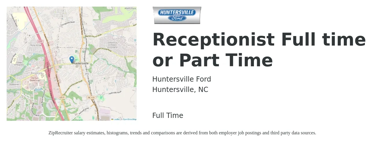 Huntersville Ford job posting for a Receptionist Full time or Part Time in Huntersville, NC with a salary of $15 to $20 Hourly with a map of Huntersville location.