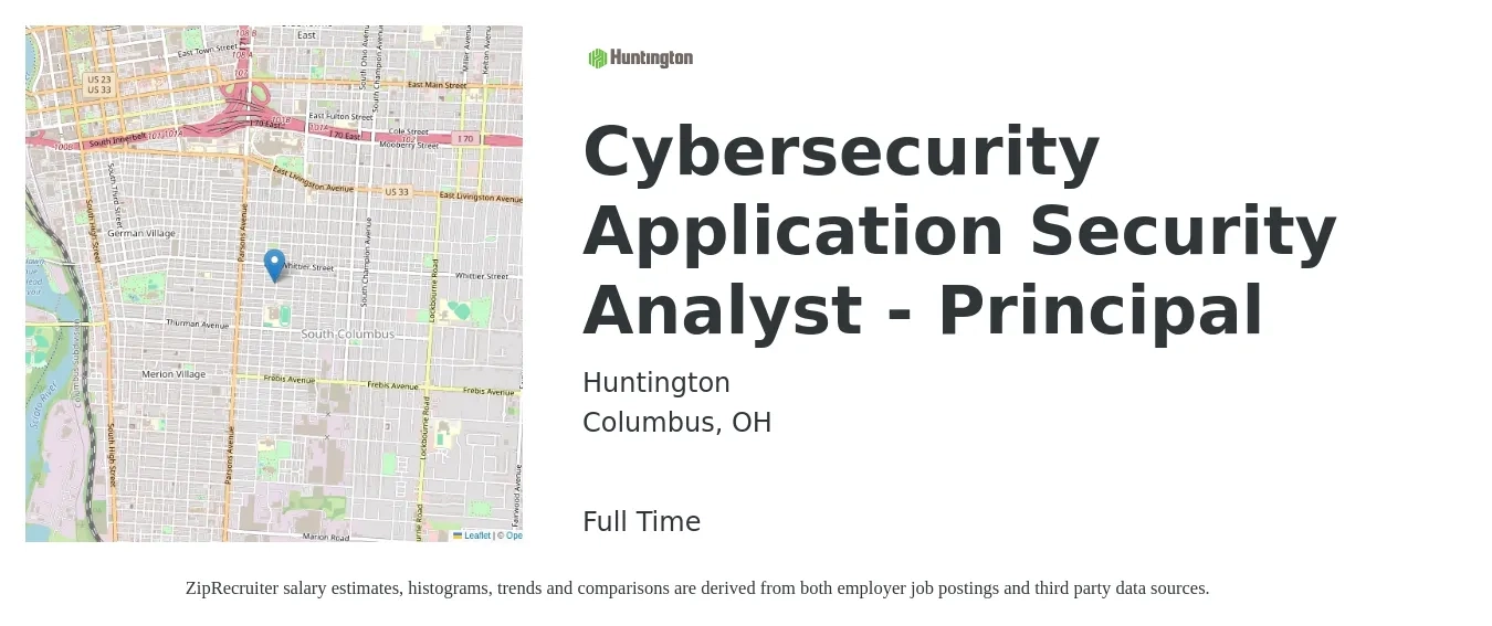 Huntington job posting for a Cybersecurity Application Security Analyst - Principal in Columbus, OH with a salary of $85,900 to $122,100 Yearly with a map of Columbus location.