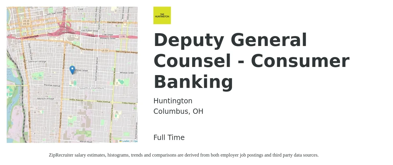 Huntington job posting for a Deputy General Counsel - Consumer Banking in Columbus, OH with a salary of $107,700 to $161,300 Yearly with a map of Columbus location.