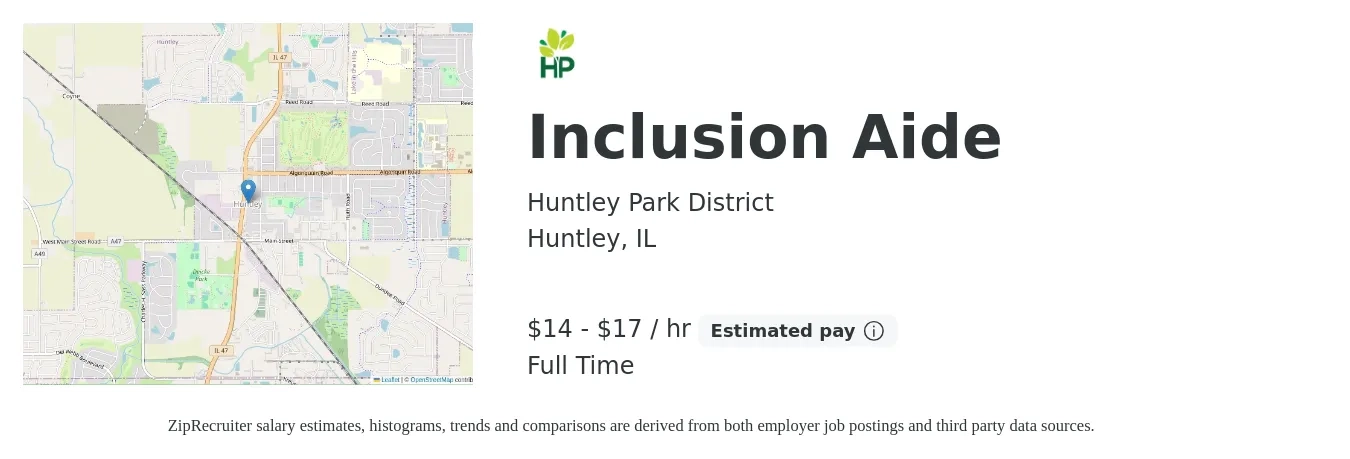 Huntley Park District job posting for a Inclusion Aide in Huntley, IL with a salary of $15 to $18 Hourly with a map of Huntley location.