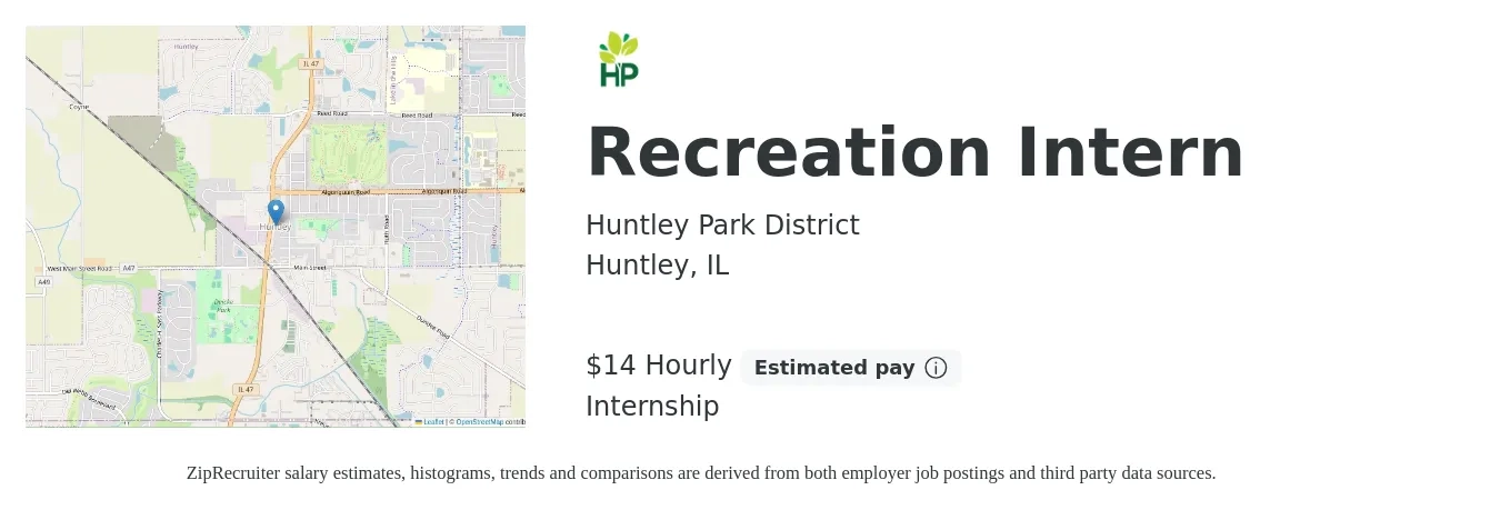 Huntley Park District job posting for a Recreation Intern in Huntley, IL with a salary of $15 Hourly with a map of Huntley location.