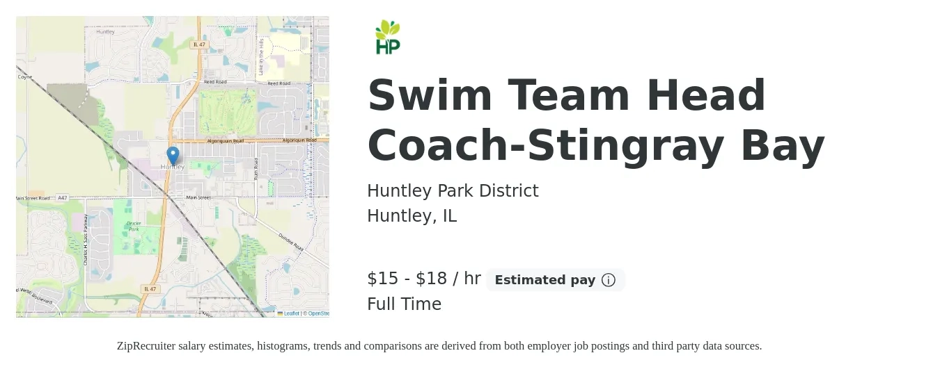 Huntley Park District job posting for a Swim Team Head Coach-Stingray Bay in Huntley, IL with a salary of $16 to $19 Hourly with a map of Huntley location.
