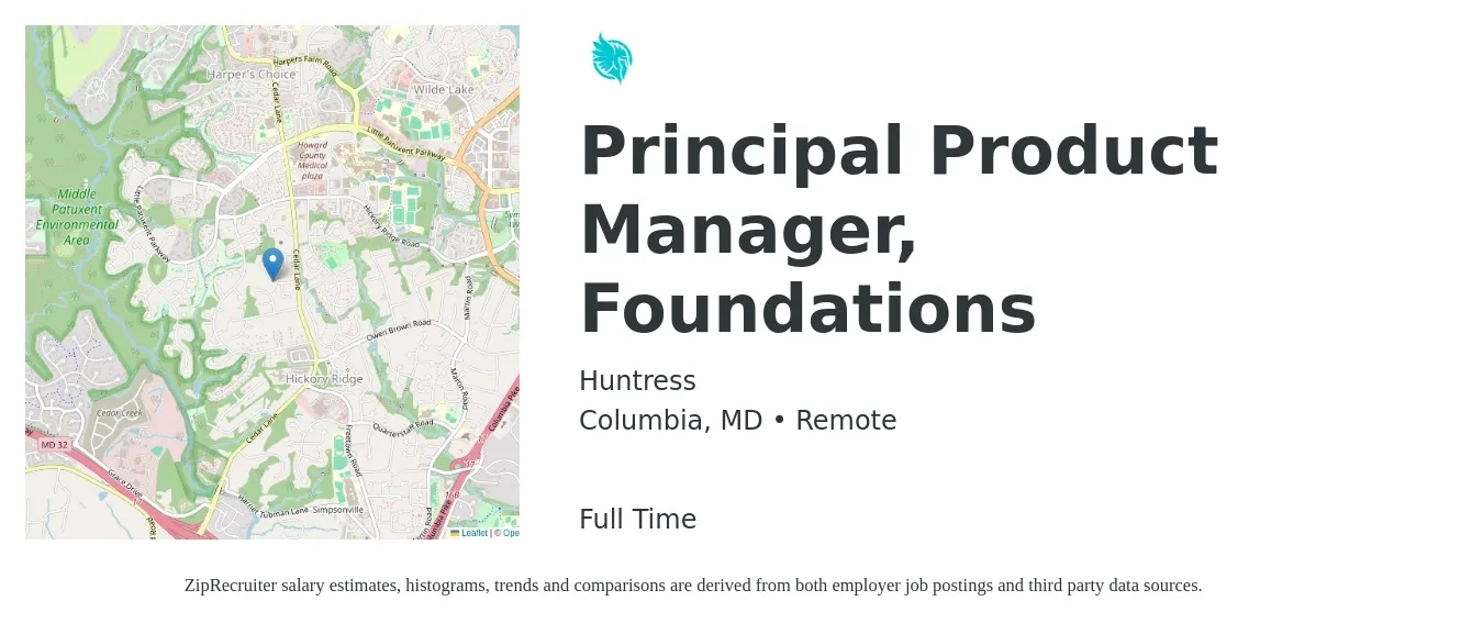 Huntress job posting for a Principal Product Manager, Foundations in Columbia, MD with a salary of $115,100 to $174,200 Yearly with a map of Columbia location.