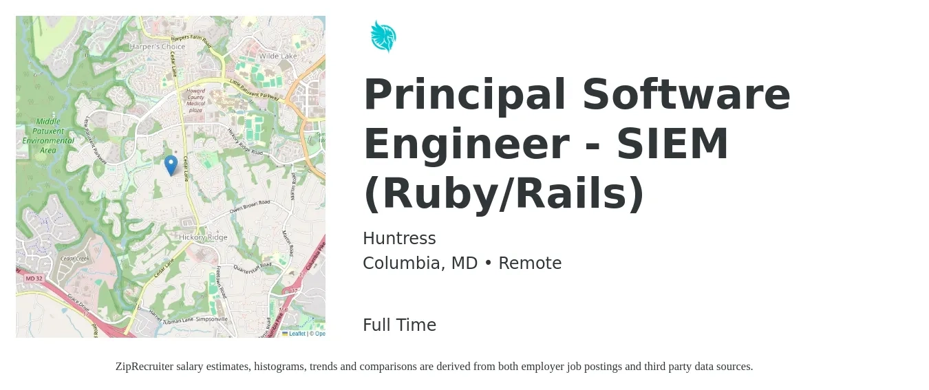 Huntress job posting for a Principal Software Engineer - SIEM (Ruby/Rails) in Columbia, MD with a salary of $134,000 to $179,600 Yearly with a map of Columbia location.