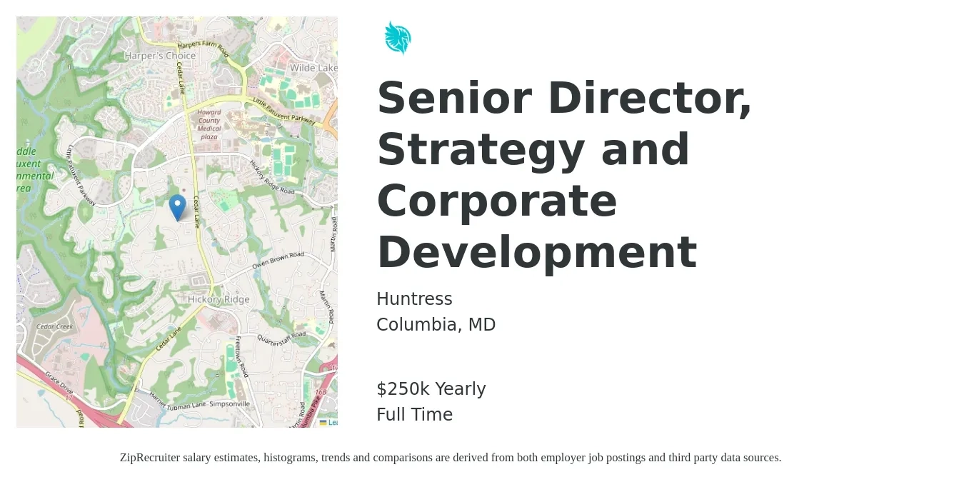 Huntress job posting for a Senior Director, Strategy and Corporate Development in Columbia, MD with a salary of $250,000 Yearly with a map of Columbia location.