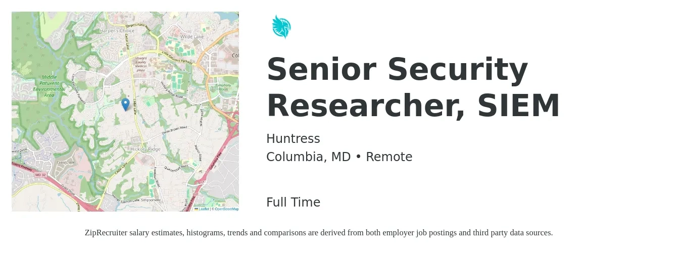 Huntress job posting for a Senior Security Researcher, SIEM in Columbia, MD with a salary of $51 to $55 Hourly with a map of Columbia location.
