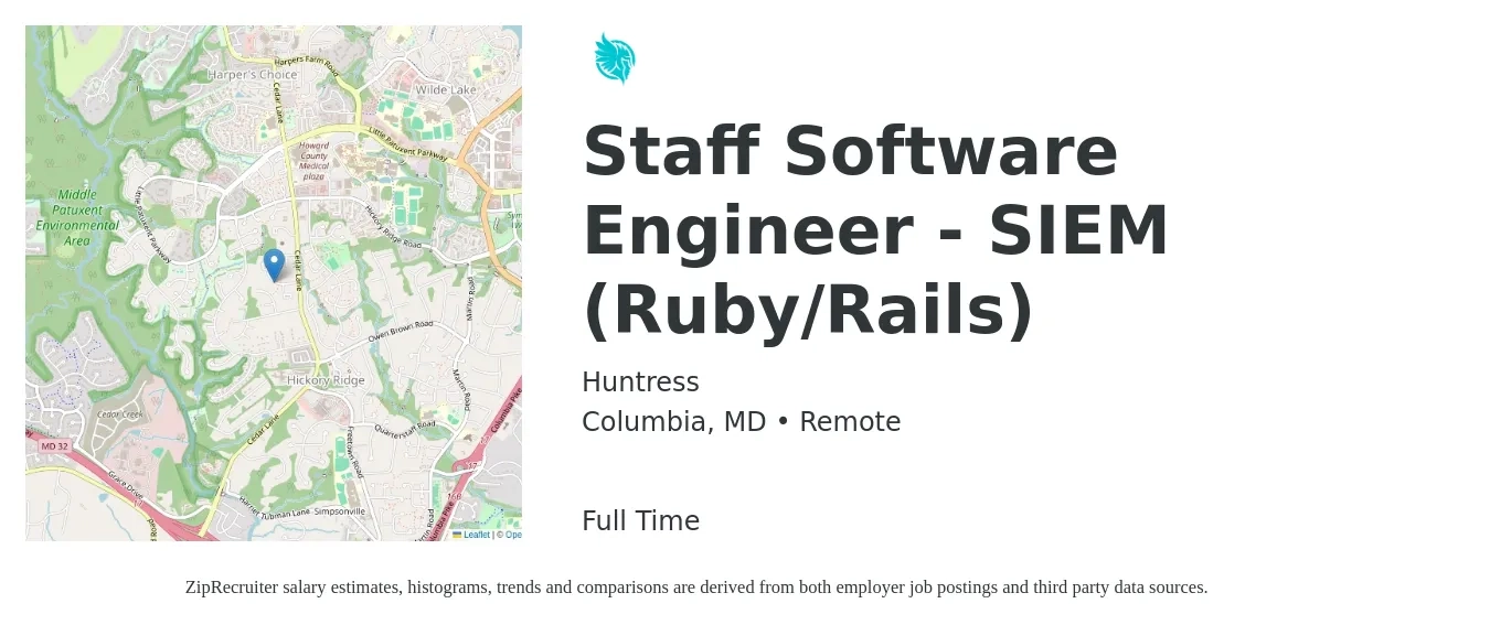 Huntress job posting for a Staff Software Engineer - SIEM (Ruby/Rails) in Columbia, MD with a salary of $133,500 to $189,100 Yearly with a map of Columbia location.