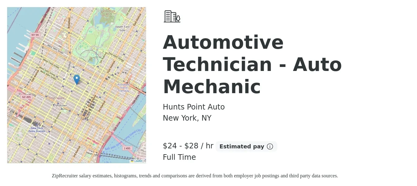 Hunts Point Auto job posting for a Automotive Technician - Auto Mechanic in New York, NY with a salary of $25 to $30 Hourly with a map of New York location.