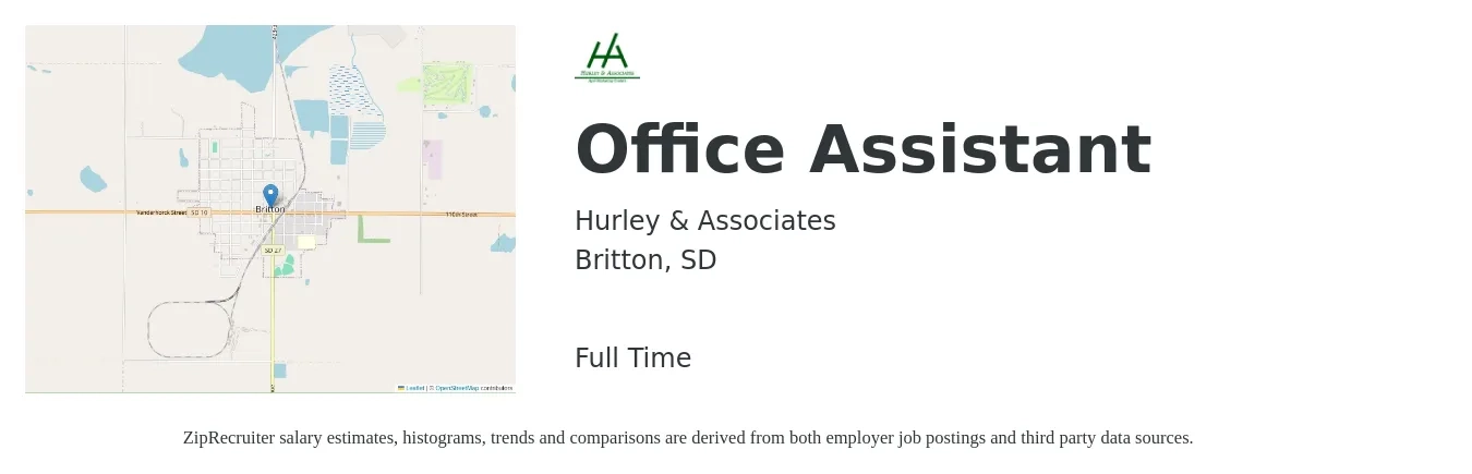 Hurley & Associates job posting for a Office Assistant in Britton, SD with a salary of $16 to $21 Hourly with a map of Britton location.
