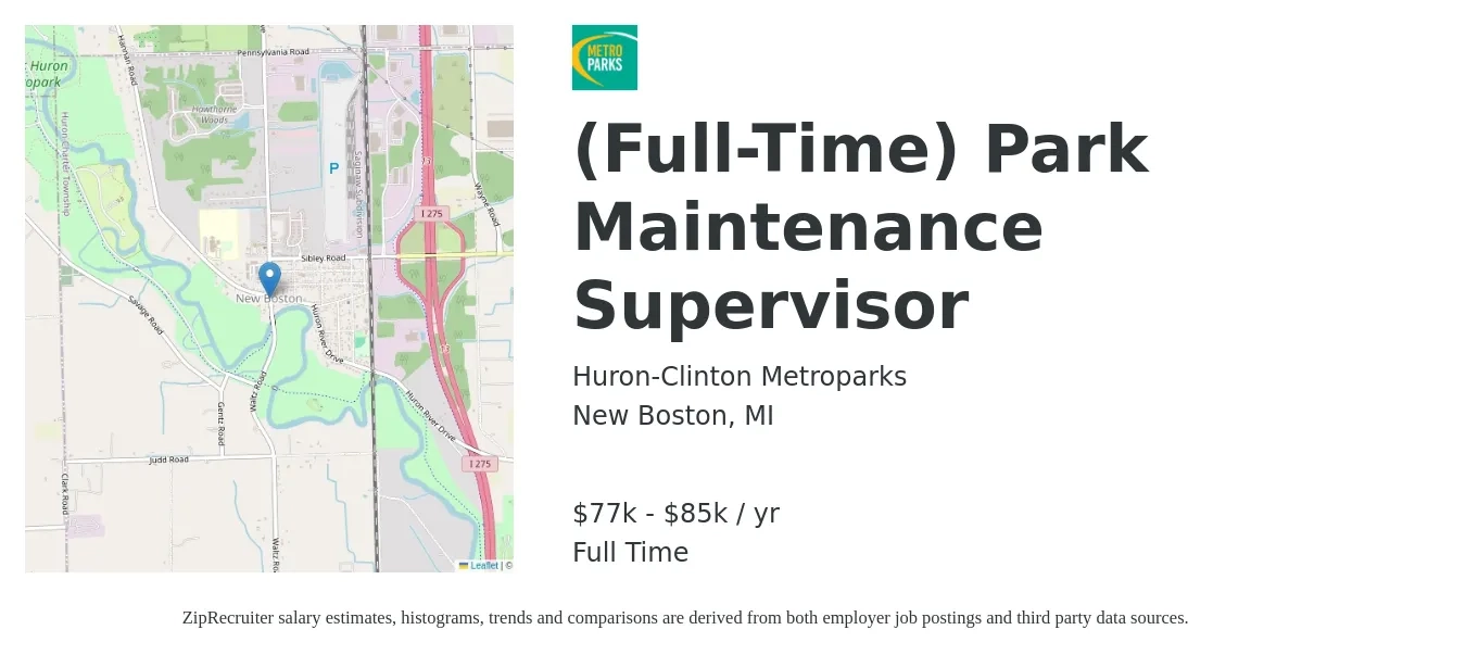 Huron-Clinton Metroparks job posting for a (Full-Time) Park Maintenance Supervisor in New Boston, MI with a salary of $77,480 to $85,301 Yearly with a map of New Boston location.