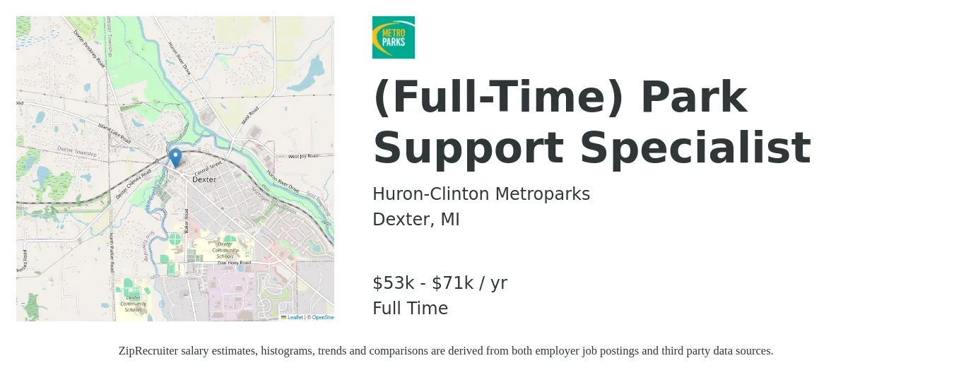 Huron-Clinton Metroparks job posting for a (Full-Time) Park Support Specialist in Dexter, MI with a salary of $53,102 to $71,947 Yearly with a map of Dexter location.