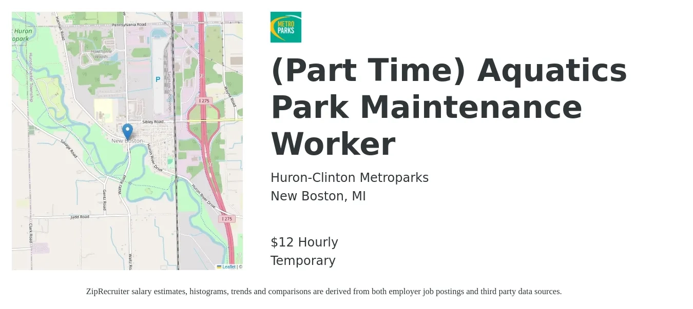 Huron-Clinton Metroparks job posting for a (Part Time) Aquatics Park Maintenance Worker in New Boston, MI with a salary of $13 Hourly with a map of New Boston location.