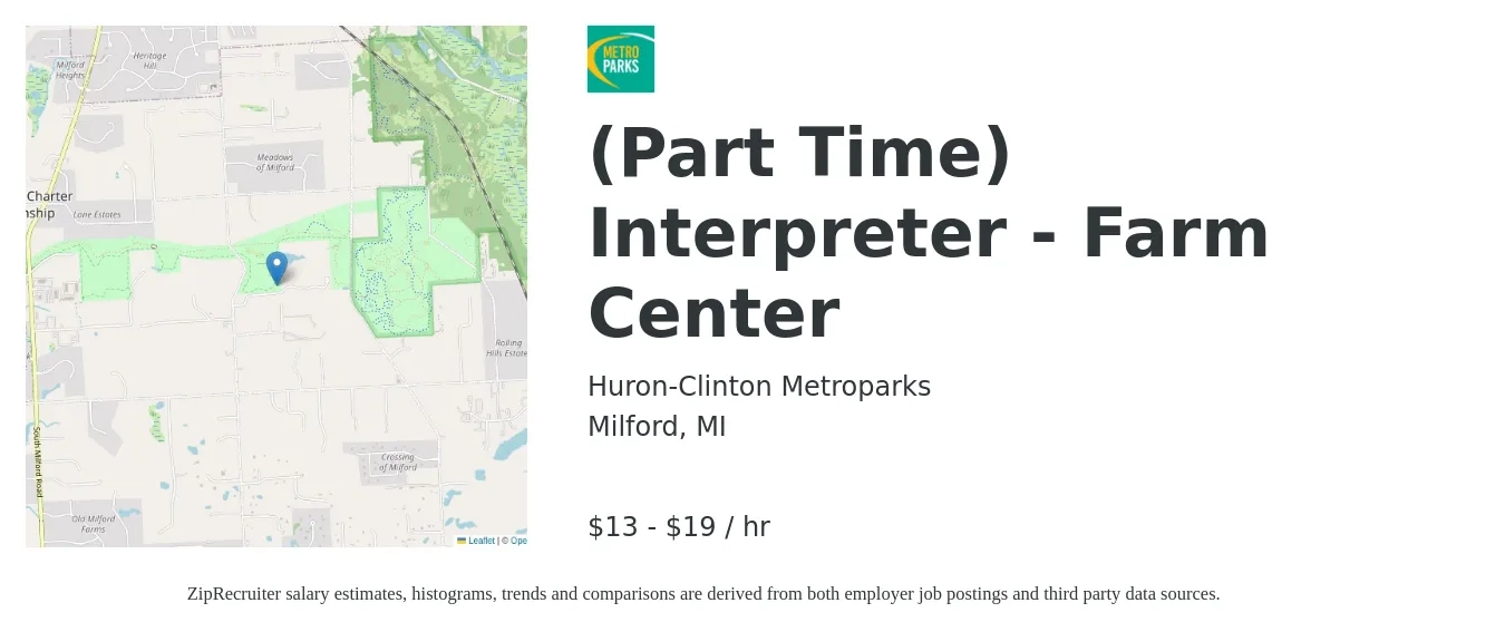 Huron-Clinton Metroparks job posting for a (Part Time) Interpreter - Farm Center in Milford, MI with a salary of $14 to $20 Hourly with a map of Milford location.