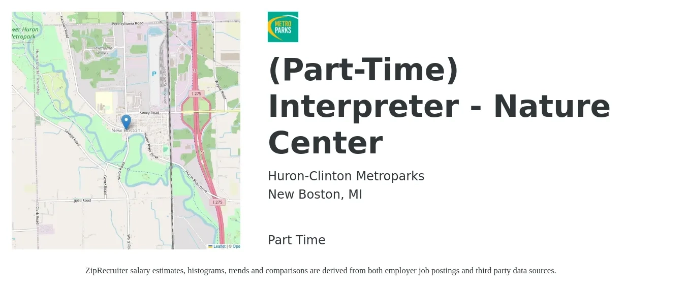 Huron-Clinton Metroparks job posting for a (Part-Time) Interpreter - Nature Center in New Boston, MI with a salary of $14 to $20 Hourly with a map of New Boston location.