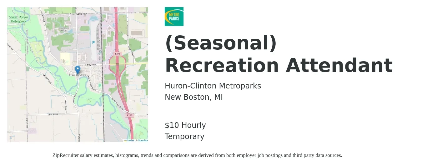Huron-Clinton Metroparks job posting for a (Seasonal) Recreation Attendant in New Boston, MI with a salary of $11 Hourly with a map of New Boston location.
