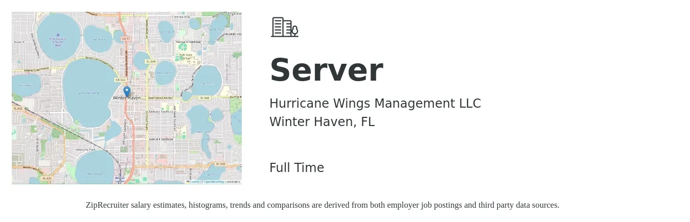 Hurricane Wings Management LLC job posting for a Server in Winter Haven, FL with a salary of $10 to $16 Hourly with a map of Winter Haven location.