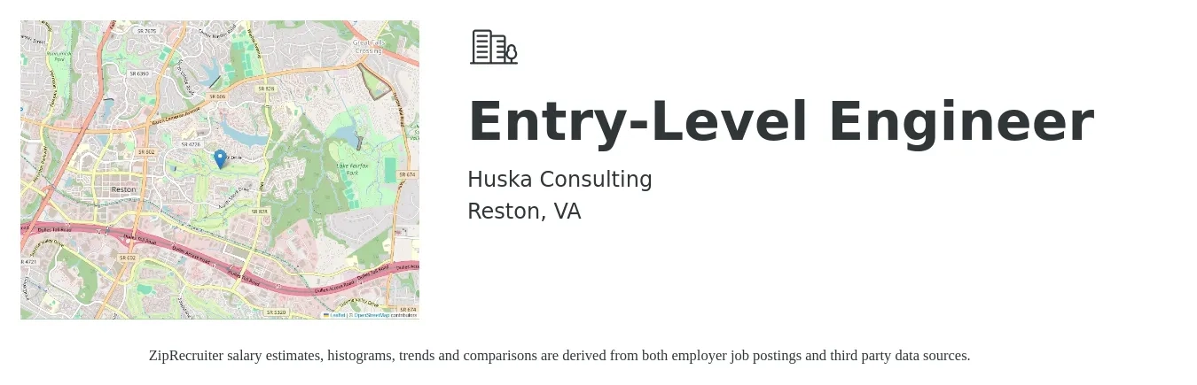 Huska Consulting job posting for a Entry-Level Engineer in Reston, VA with a salary of $64,000 to $70,000 Yearly with a map of Reston location.