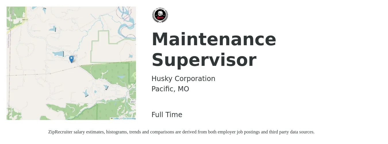 Husky Corporation job posting for a Maintenance Supervisor in Pacific, MO with a salary of $22 to $36 Hourly with a map of Pacific location.