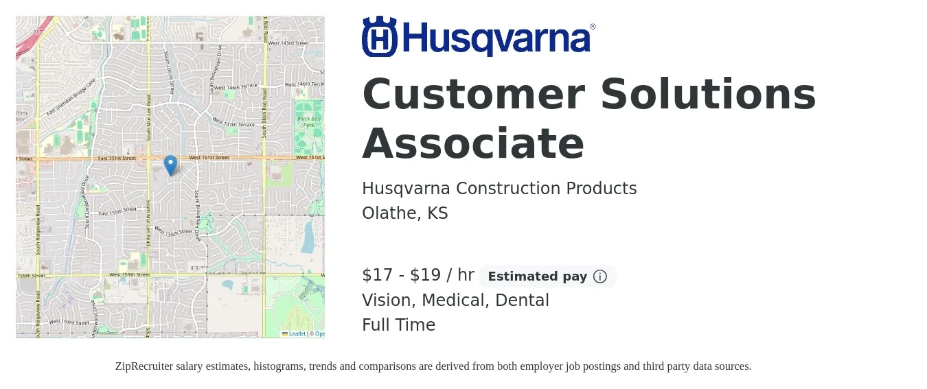 Husqvarna Construction Products job posting for a Customer Solutions Associate in Olathe, KS with a salary of $18 to $20 Hourly and benefits including life_insurance, medical, retirement, vision, and dental with a map of Olathe location.