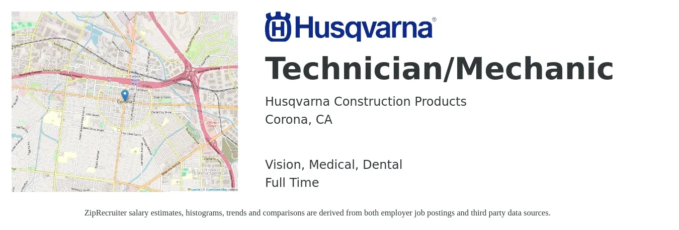 Husqvarna Construction Products job posting for a Technician/Mechanic in Corona, CA with a salary of $22 to $31 Hourly and benefits including dental, life_insurance, medical, retirement, and vision with a map of Corona location.